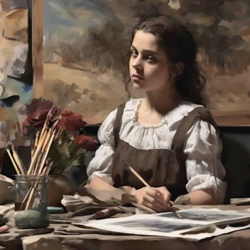 Σύγχρονη τέχνη και μεγάλοι δημιουργοί, φοιτήτρια ζωγραφικής στην καλλιτεχνική εμπειρία, δημιουργώντας έργα τέχνης.