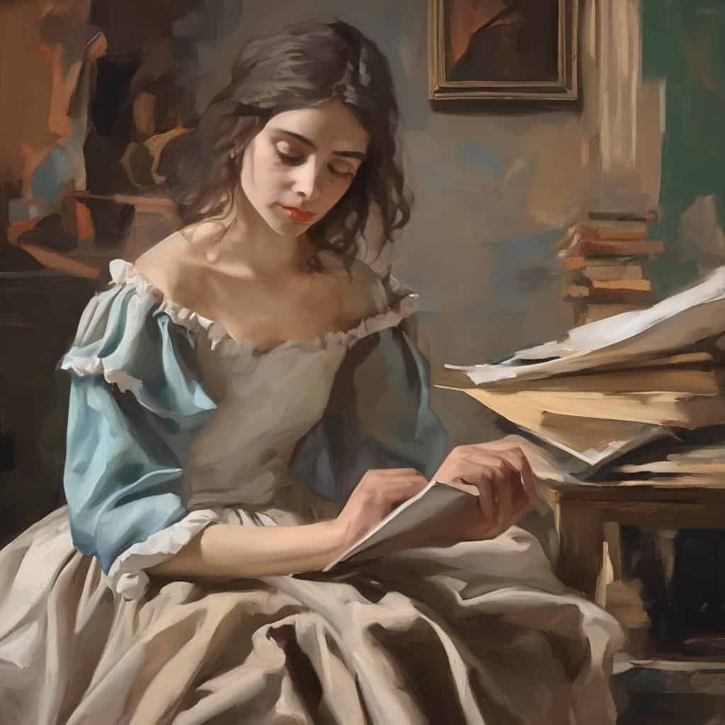 Ανθή εικόνας: νεαρή γυναίκα διαβάζει βιβλίο σε ρεαλιστικό πίνακα τέχνης.