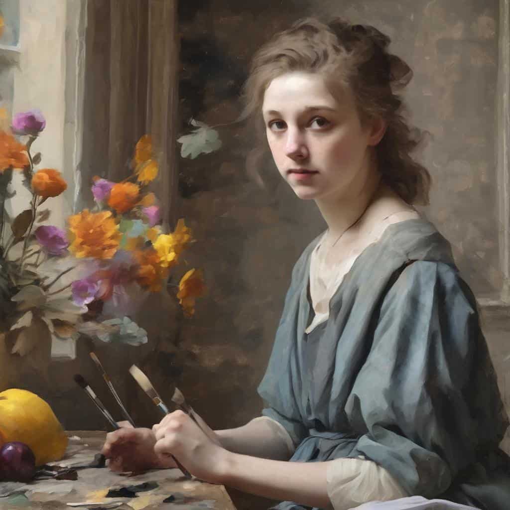 Φωτογραφία σύγχρονης τέχνης με νεαρή γυναίκα καλλιτέχνη σε δημιουργική διαδικασία, εστίαση σε μεγάλοι δημιουργοί και σύγχρονη τέχνη.