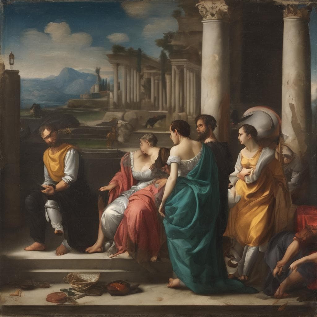 Λιθογραφία σύγχρονης τέχνης με μεγάλη δημιουργική ομάδα και κλασικό αρχαιοελληνικό φόντο.